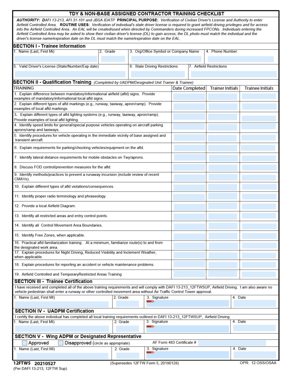 12FTW Form 5 TDY  Non-base Assigned Contractor Training Checklist, Page 1