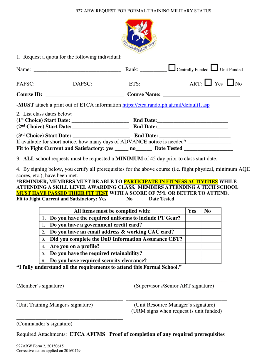 927ARW Form 2 927 ARW Request for Formal Training Military Status, Page 1