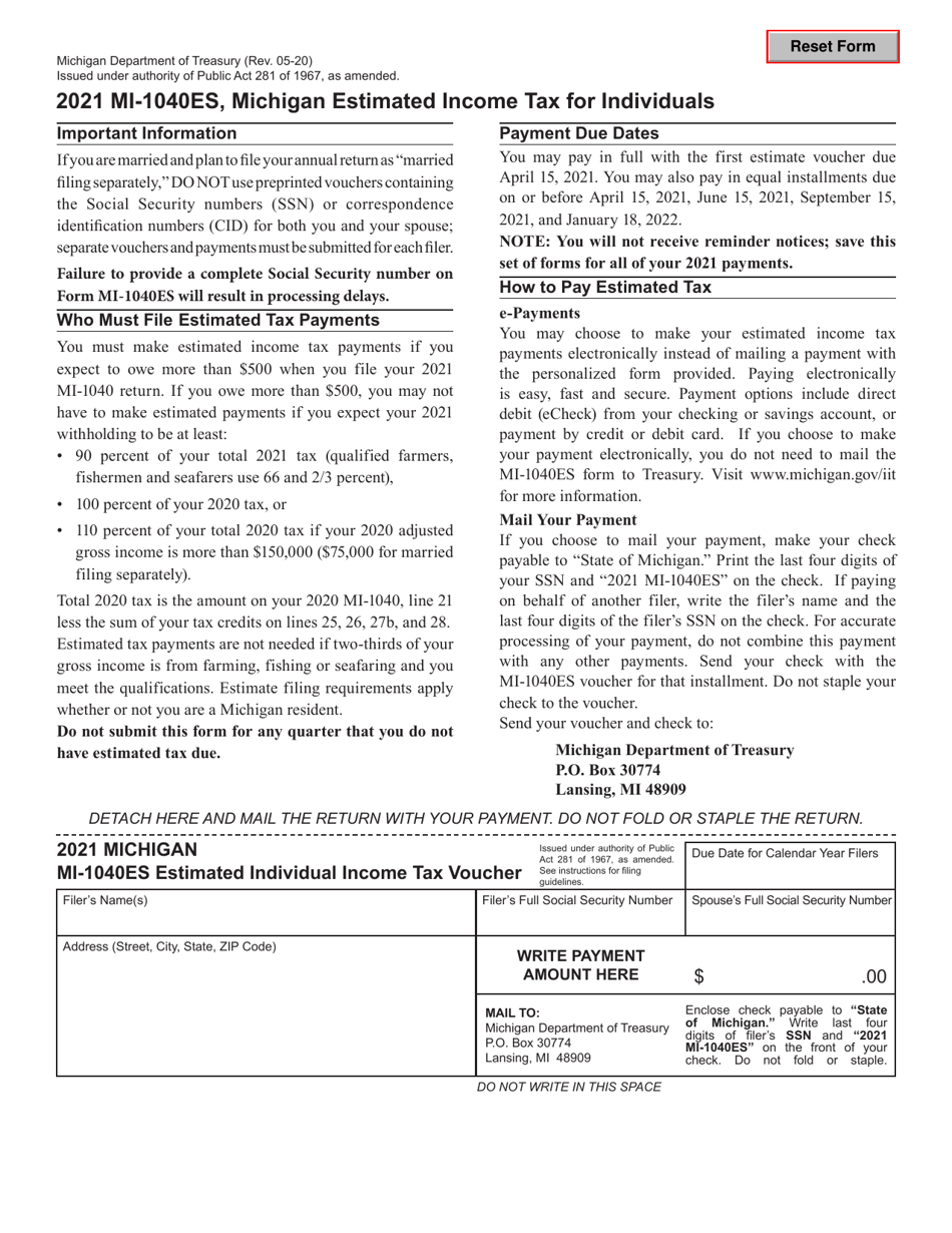 Form MI-1040ES Estimated Individual Income Tax Voucher - Michigan, Page 1