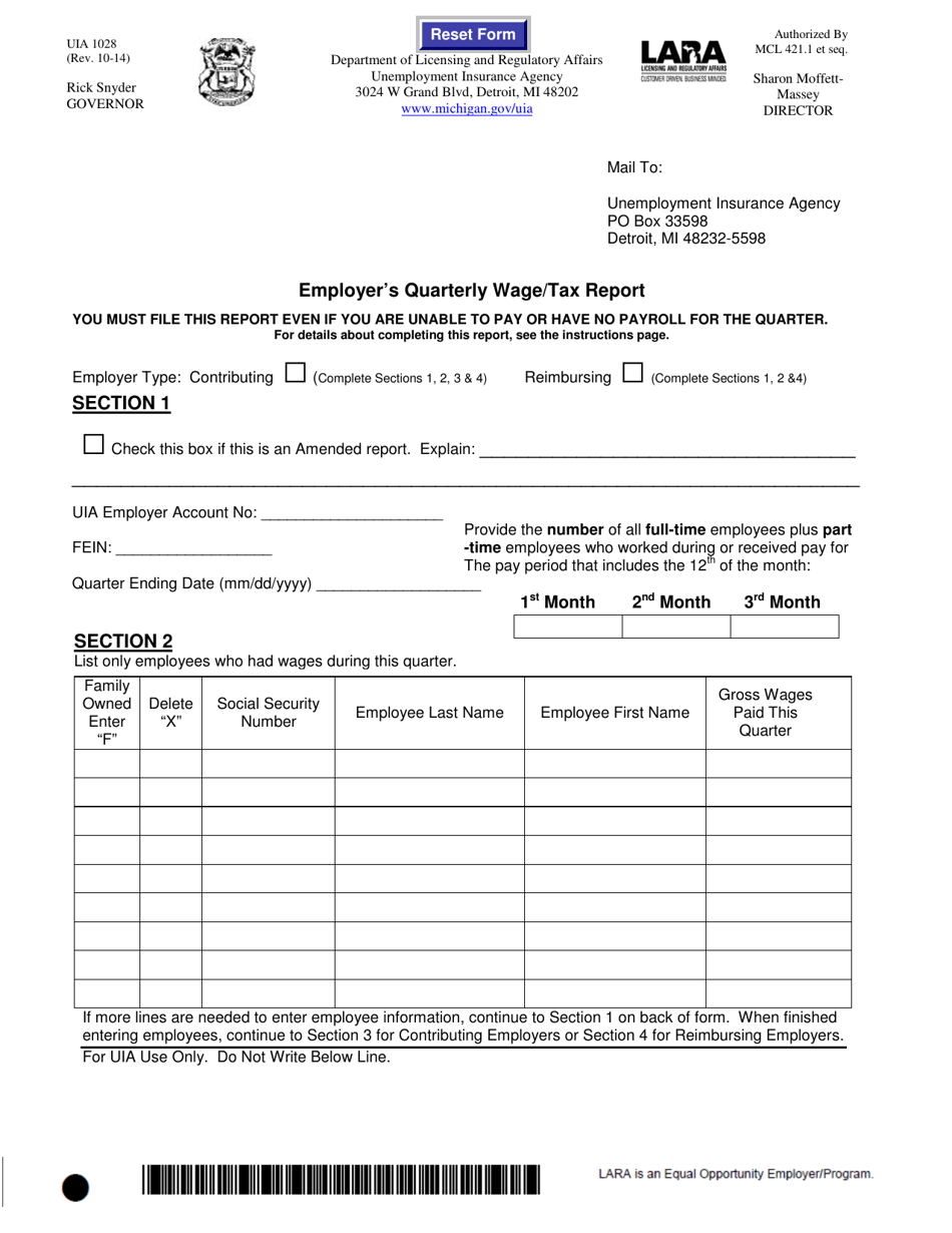 Form UIA1028 Employers Quarterly Wage / Tax Report - Michigan, Page 1