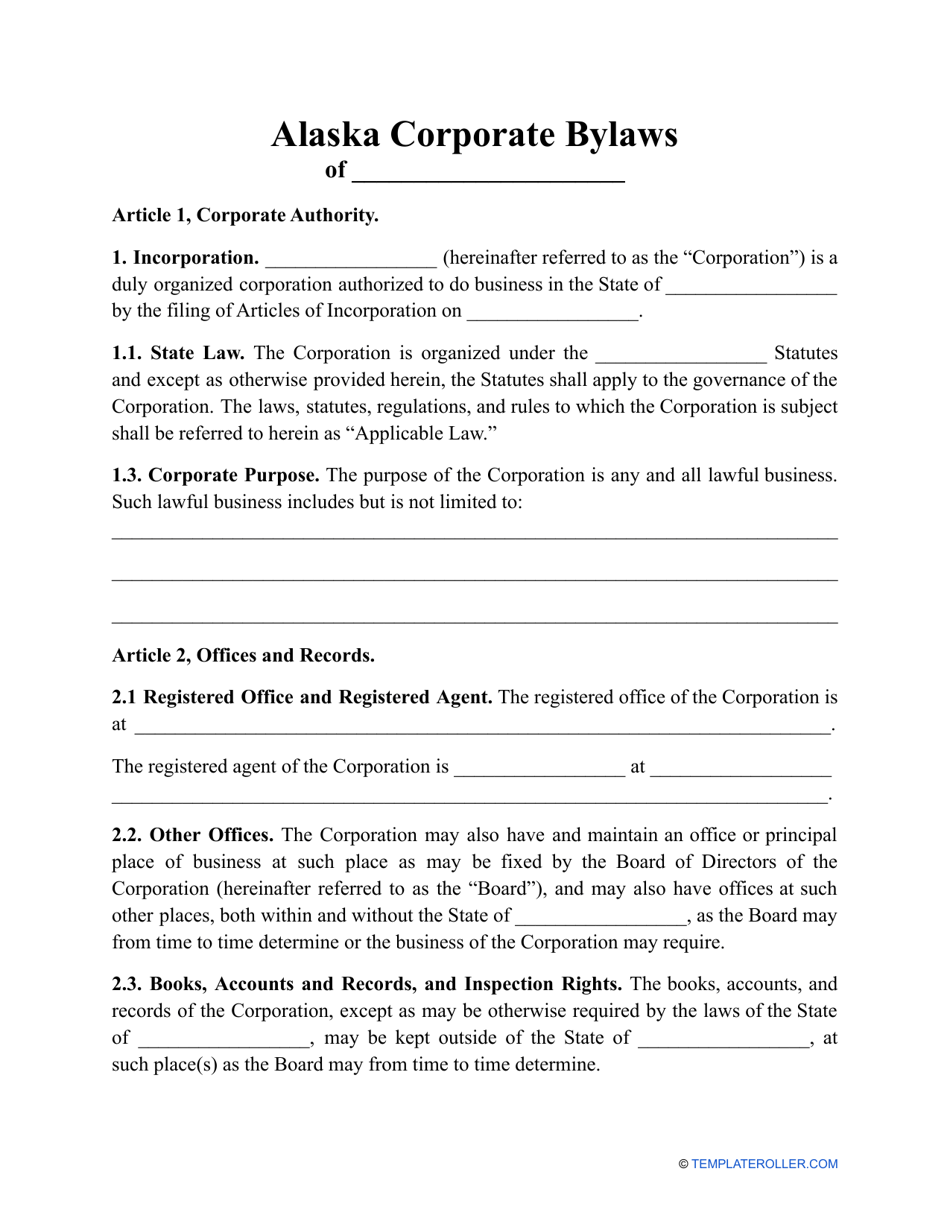 Corporate Bylaws Template - Alaska, Page 1