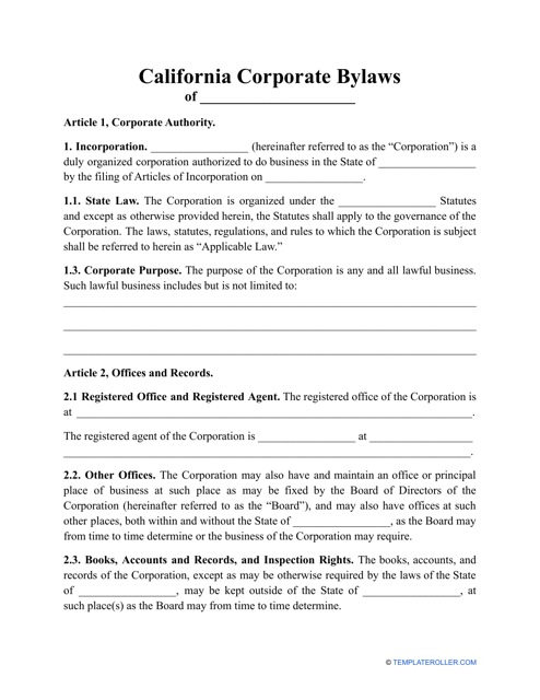Corporate Bylaws Template - California Download Pdf