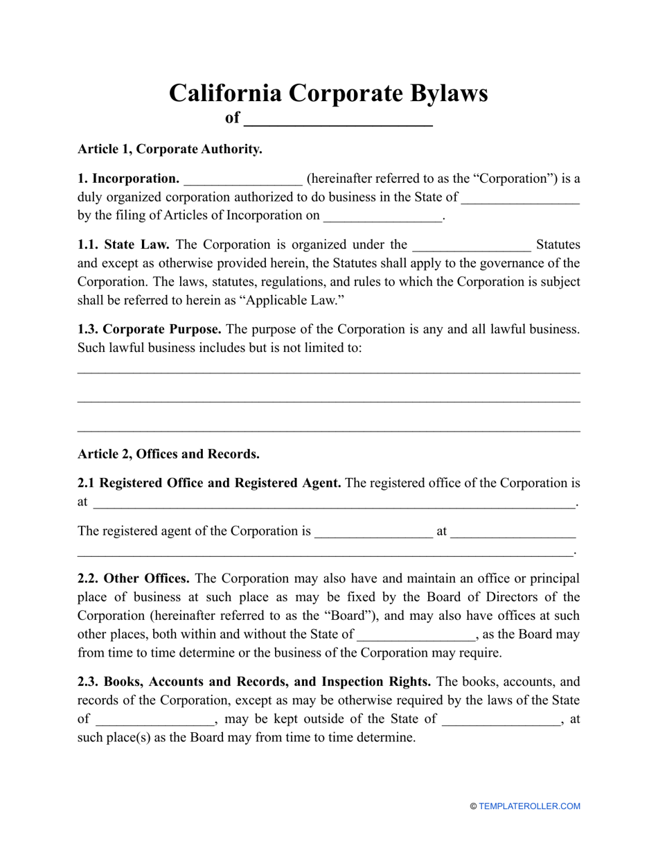 Corporate Bylaws Template - California, Page 1
