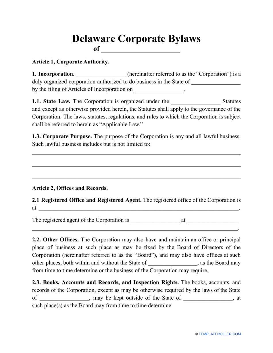 Corporate Bylaws Template - Delaware, Page 1