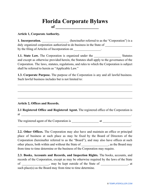 Corporate Bylaws Template - Florida Download Pdf