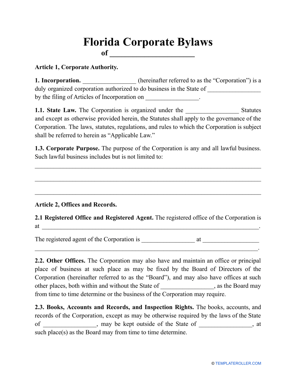 Florida Corporate Bylaws Template Fill Out Sign Online and Download