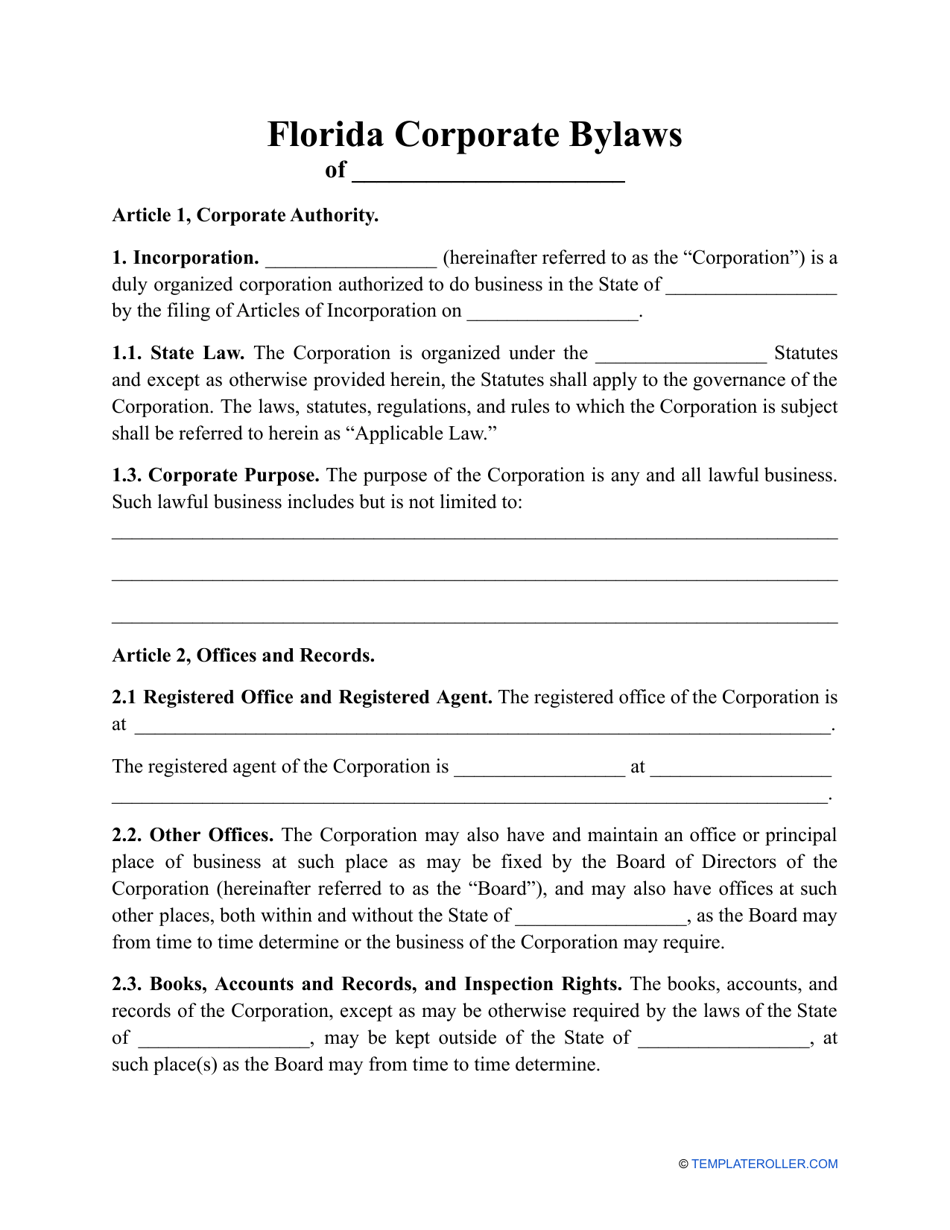Corporate Bylaws Template - Florida, Page 1