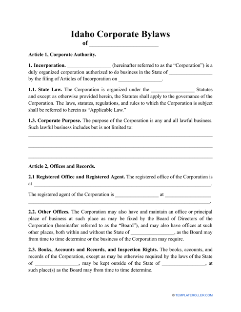 Corporate Bylaws Template - Idaho Download Pdf