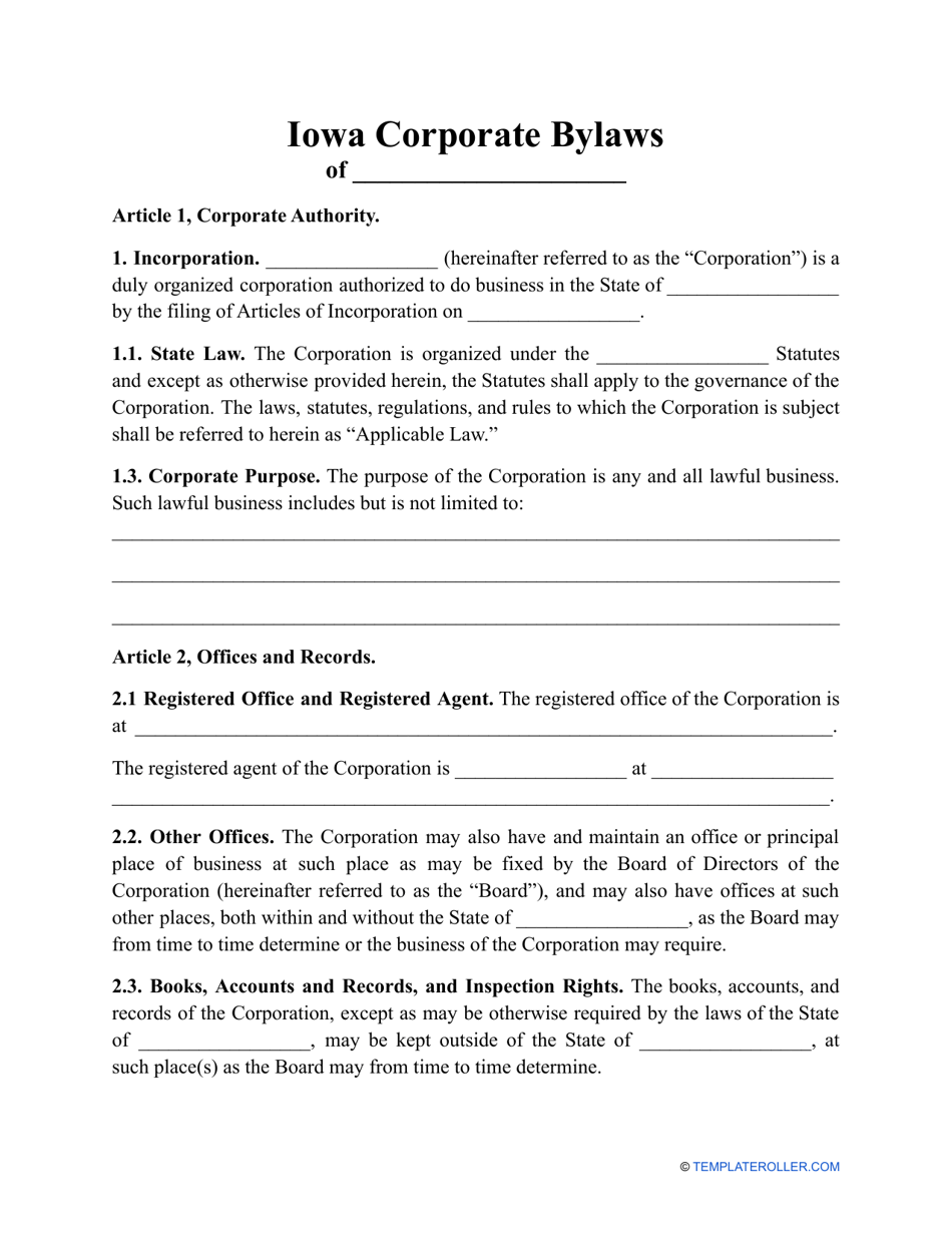 Corporate Bylaws Template - Iowa, Page 1