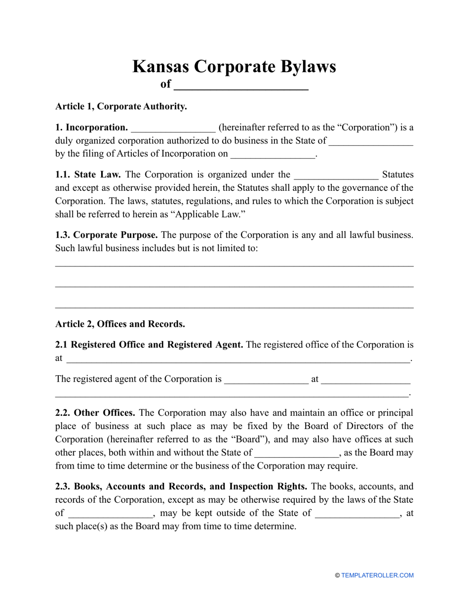 Corporate Bylaws Template - Kansas, Page 1