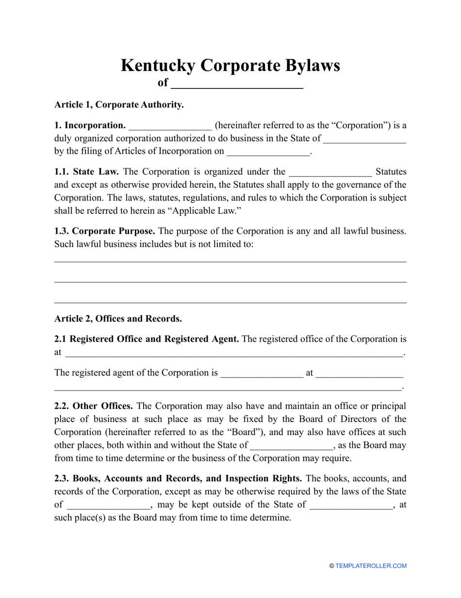 Corporate Bylaws Template - Kentucky, Page 1