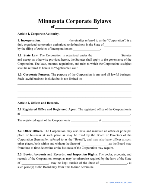 Corporate Bylaws Template - Minnesota Download Pdf