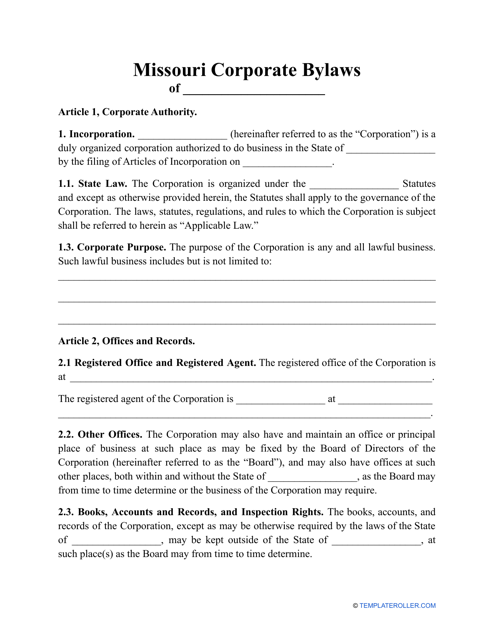 Corporate Bylaws Template - Missouri Download Pdf