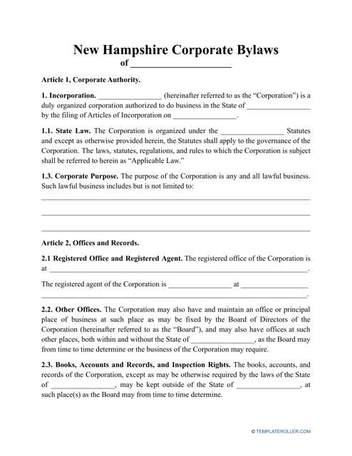 Corporate Bylaws Template - New Hampshire Download Pdf