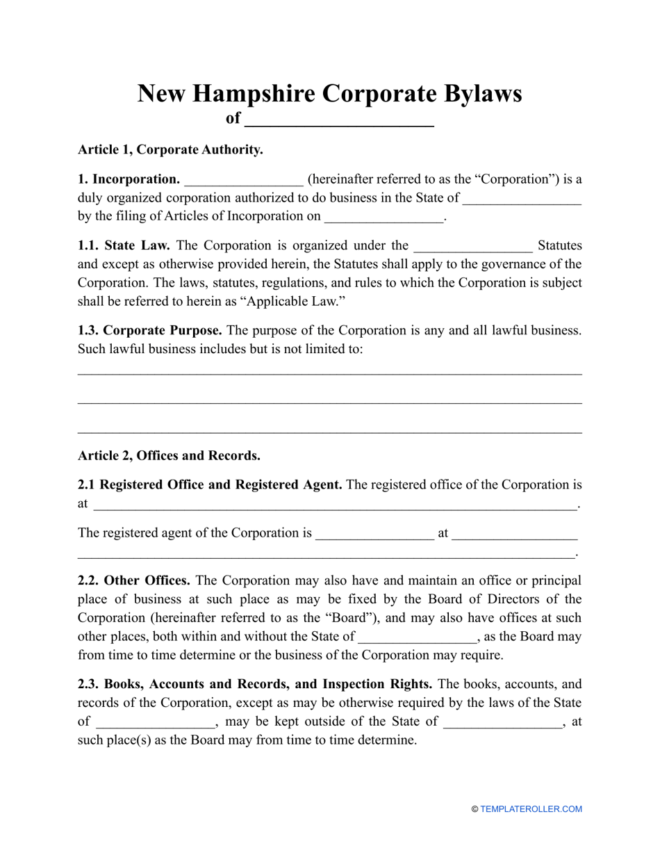 Corporate Bylaws Template - New Hampshire, Page 1