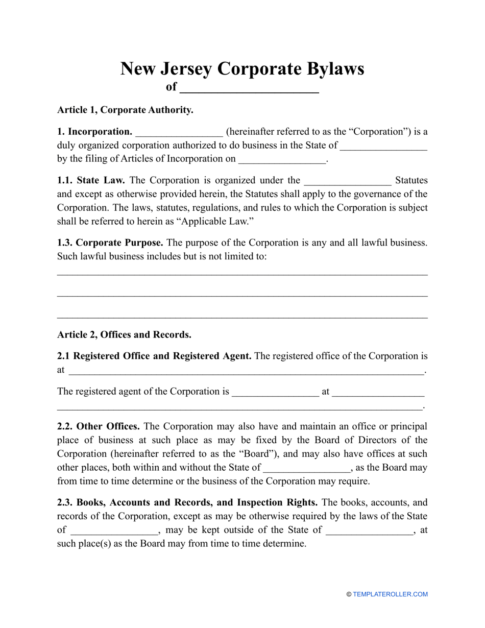 Corporate Bylaws Template - New Jersey, Page 1