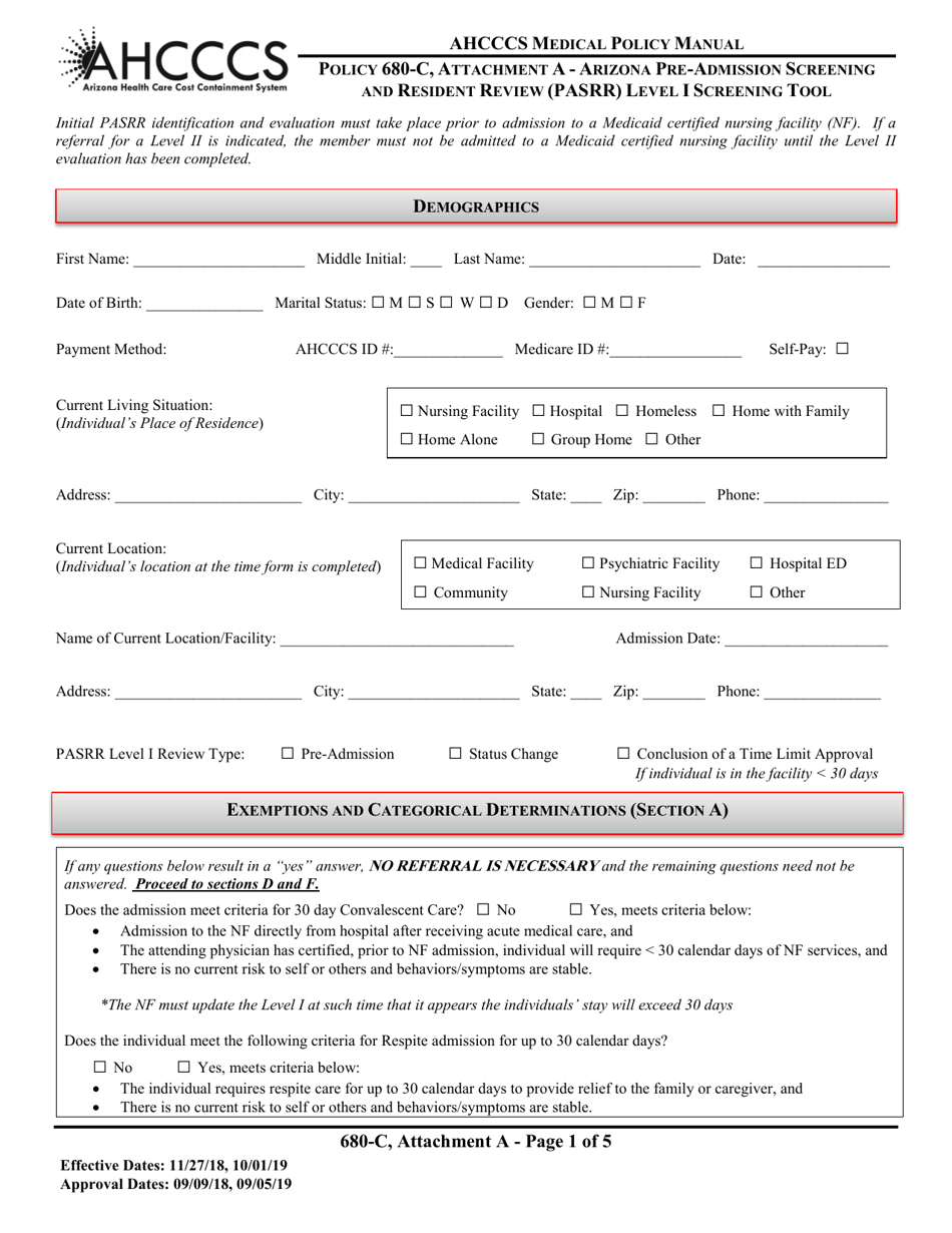 Attachment A Policy 680-c - Arizona Pre-admission Screening and Resident Review (Pasrr) Level I Screening Tool - Arizona, Page 1
