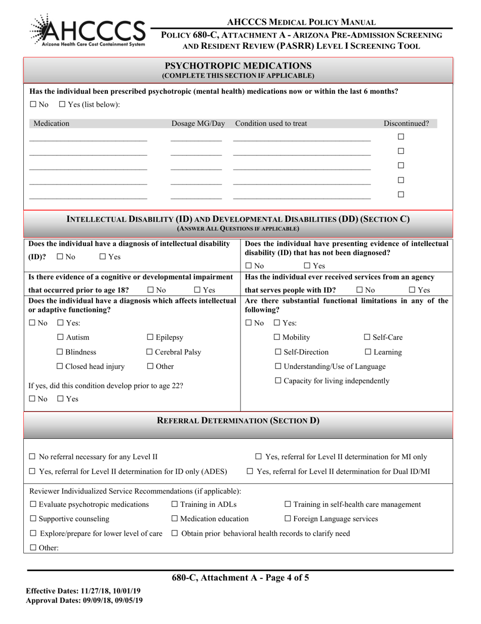 Attachment A Policy 680-c - Arizona Pre-admission Screening and Resident Review (Pasrr) Level I Screening Tool - Arizona, Page 4