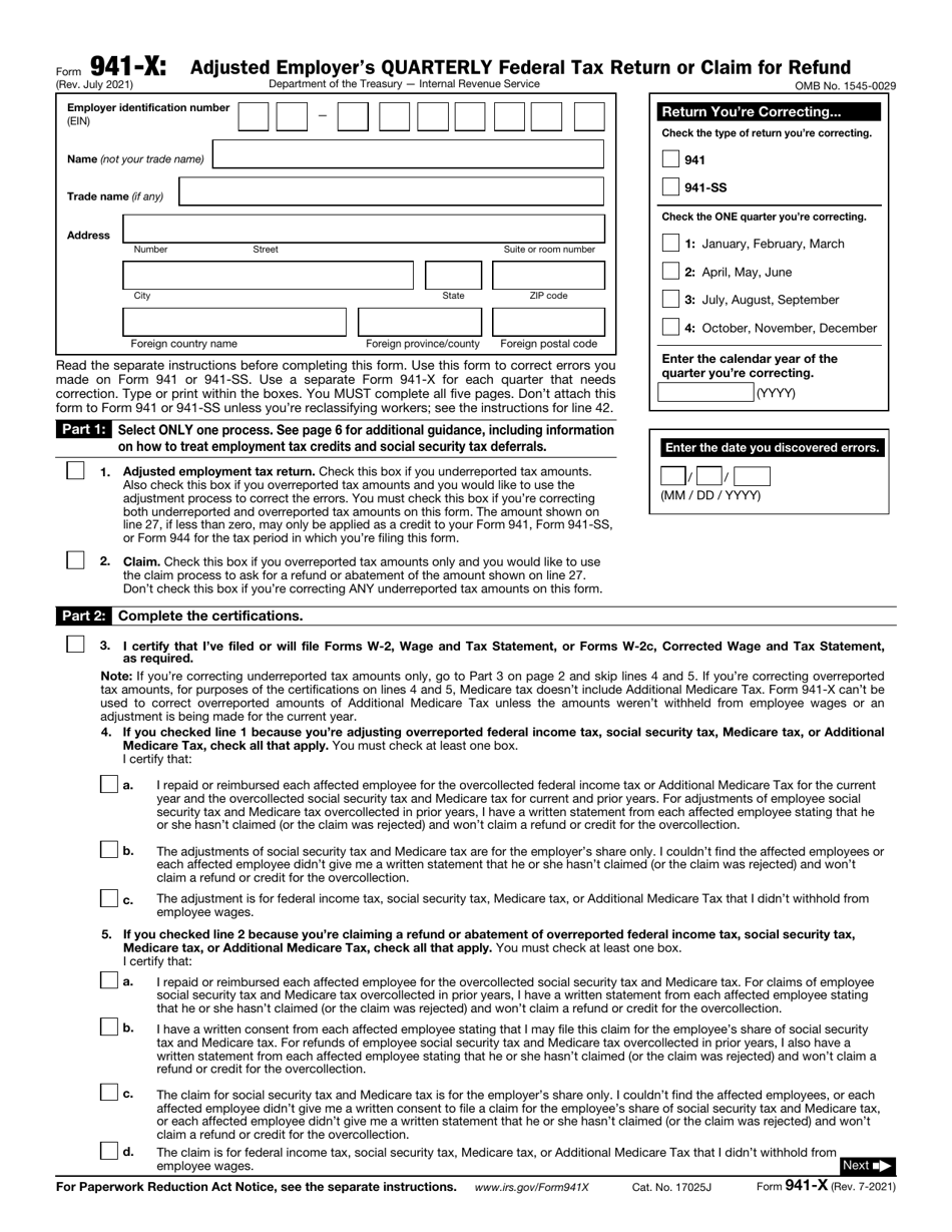 IRS Form 941-X Adjusted Employer's Quarterly Federal Tax Return or Claim for Refund, Page 1