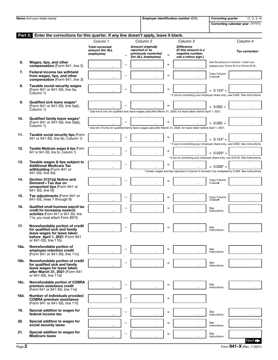 IRS Form 941-X Adjusted Employers Quarterly Federal Tax Return or Claim for Refund, Page 2