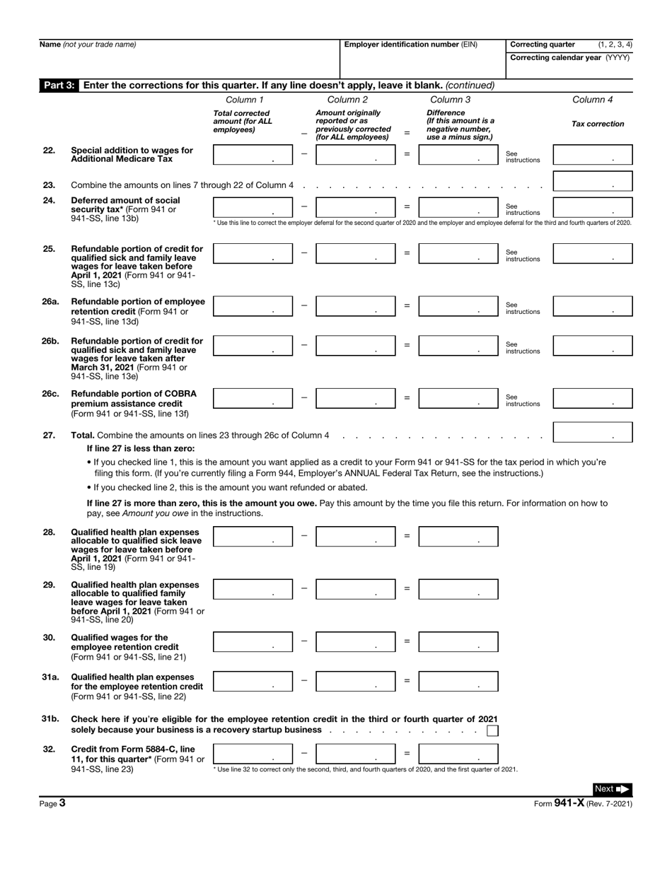 IRS Form 941-X Adjusted Employers Quarterly Federal Tax Return or Claim for Refund, Page 3