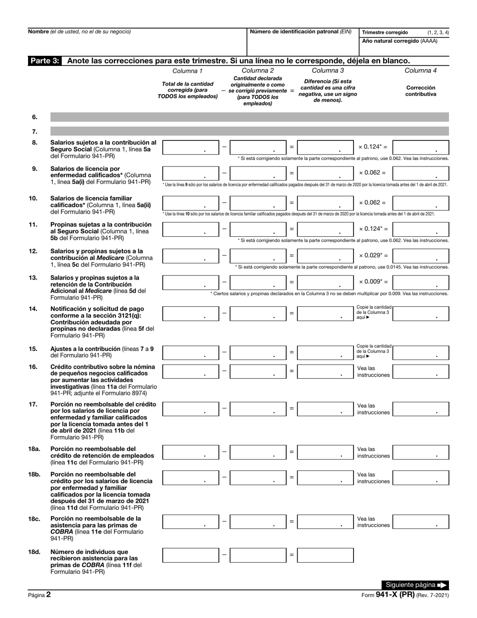 IRS Formulario 941-X (PR) Ajuste a La Declaracion Federal Trimestral Del Patrono O Reclamacion De Reembolso (Puerto Rican Spanish), Page 2