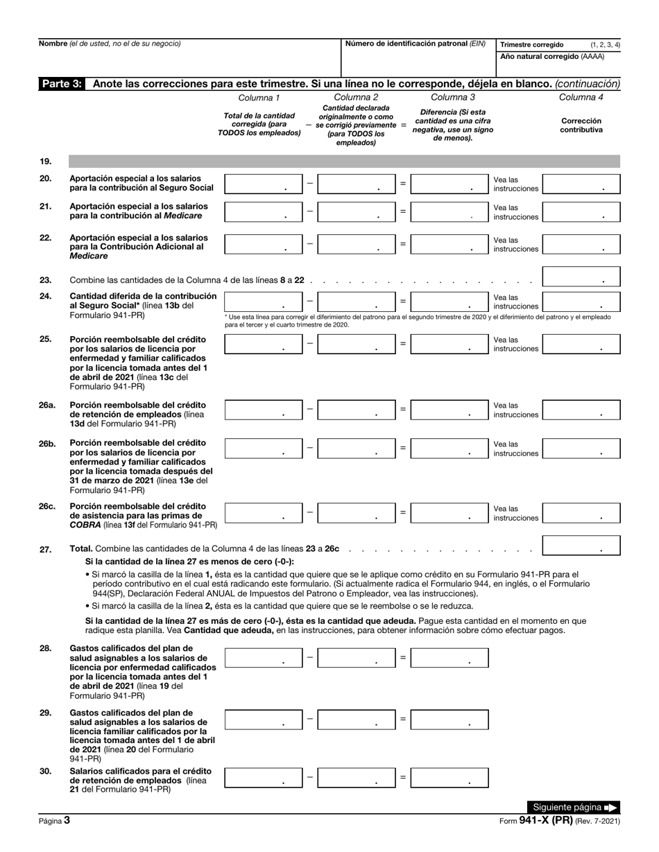 IRS Formulario 941-X (PR) Ajuste a La Declaracion Federal Trimestral Del Patrono O Reclamacion De Reembolso (Puerto Rican Spanish), Page 3
