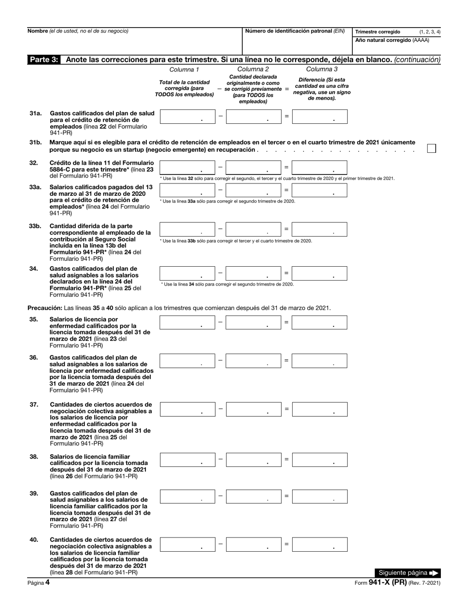 IRS Formulario 941-X (PR) Ajuste a La Declaracion Federal Trimestral Del Patrono O Reclamacion De Reembolso (Puerto Rican Spanish), Page 4