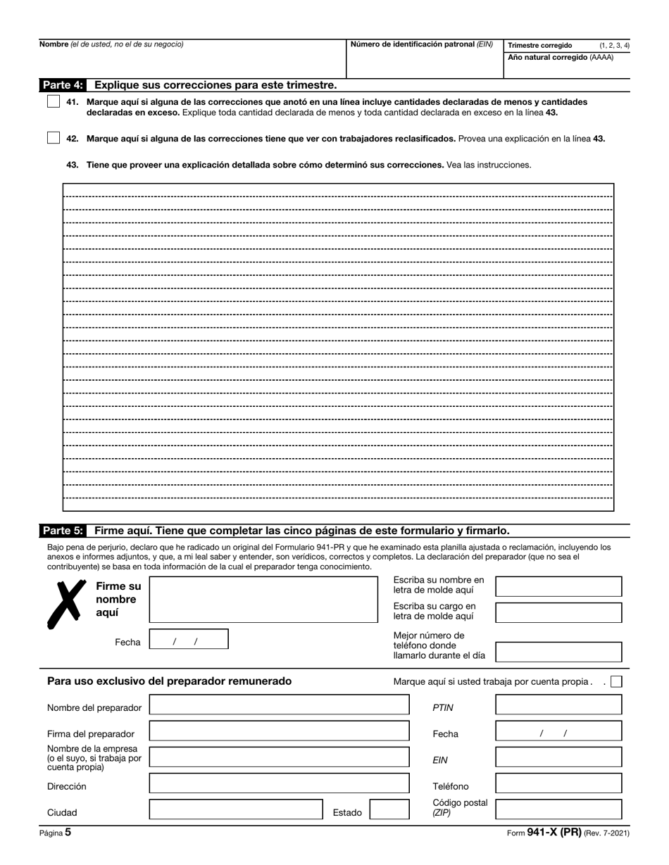 IRS Formulario 941-X (PR) Ajuste a La Declaracion Federal Trimestral Del Patrono O Reclamacion De Reembolso (Puerto Rican Spanish), Page 5