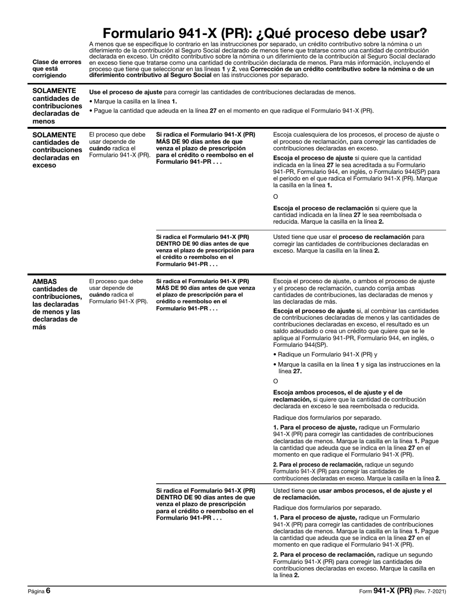 IRS Formulario 941-X (PR) Ajuste a La Declaracion Federal Trimestral Del Patrono O Reclamacion De Reembolso (Puerto Rican Spanish), Page 6