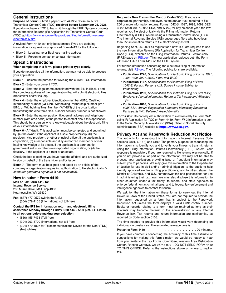 IRS Form 4419 Revise Existing Transmitter Control Code (Tcc) for Filing Information Returns Electronically (Fire), Page 2