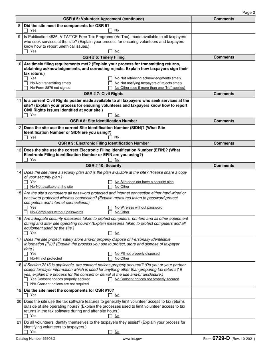 IRS Form 6729-D Site Review Sheet, Page 2