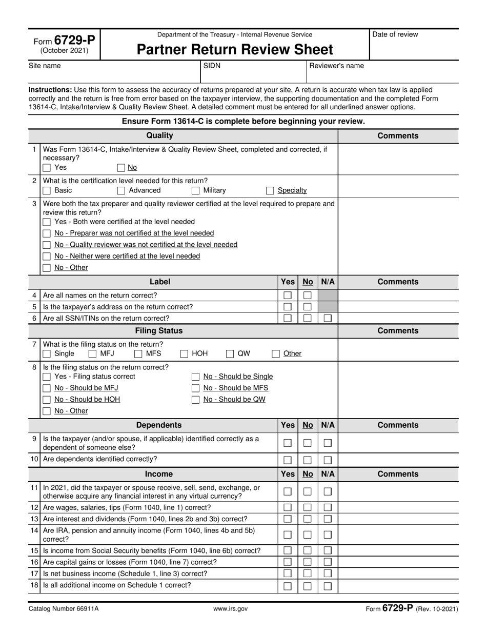 IRS Form 6729-P Partner Return Review Sheet, Page 1