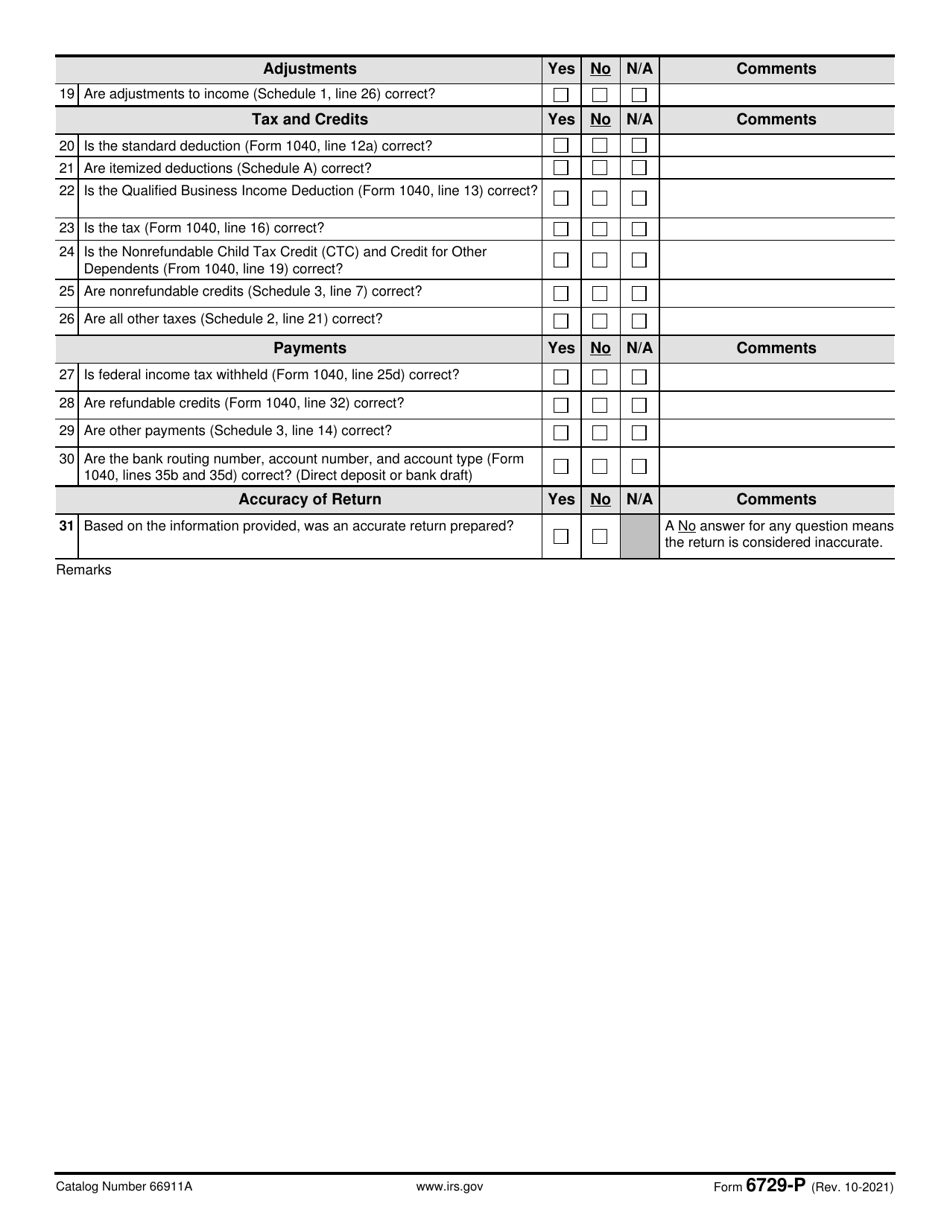 IRS Form 6729-P Partner Return Review Sheet, Page 2