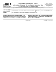 Document preview: IRS Form 8027-T Transmittal of Employer's Annual Information Return of Tip Income and Allocated Tips