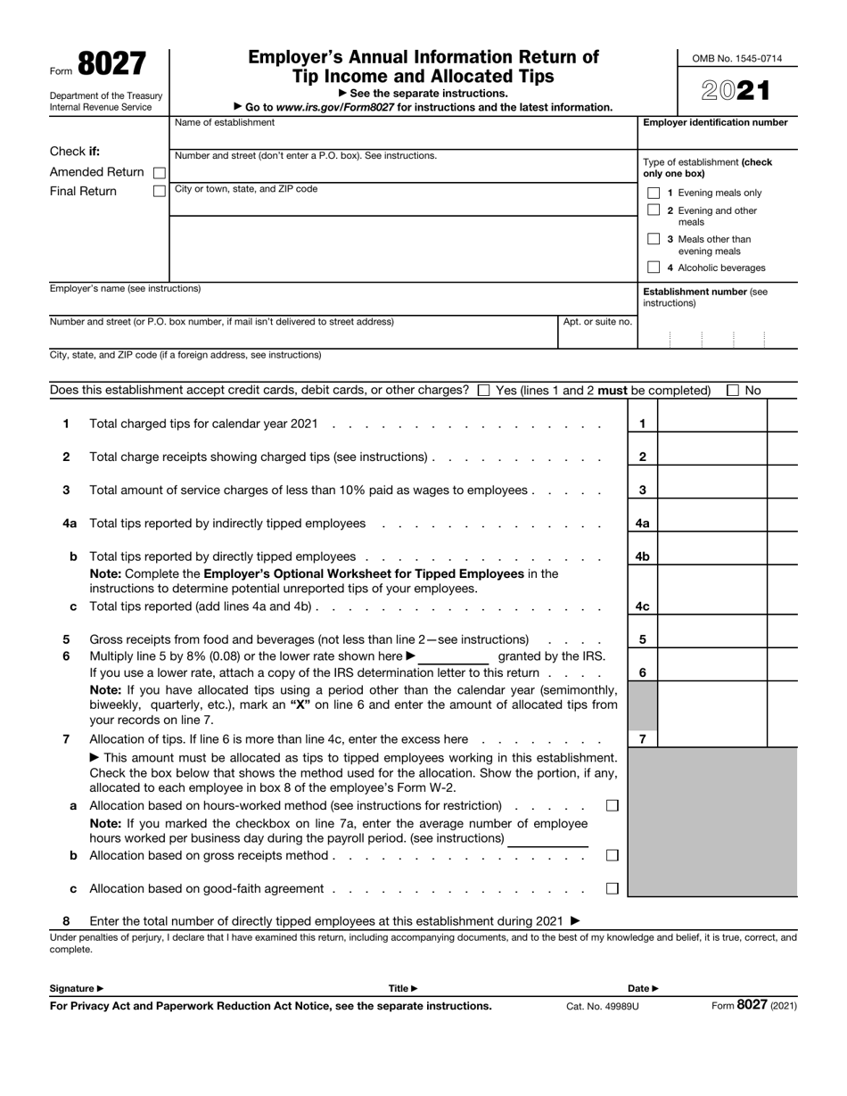 IRS Form 8027 Employers Annual Information Return of Tip Income and Allocated Tips, Page 1