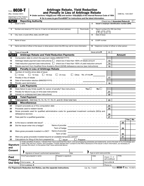 IRS Form 8038-T Arbitrage Rebate, Yield Reduction and Penalty in Lieu of Arbitrage Rebate
