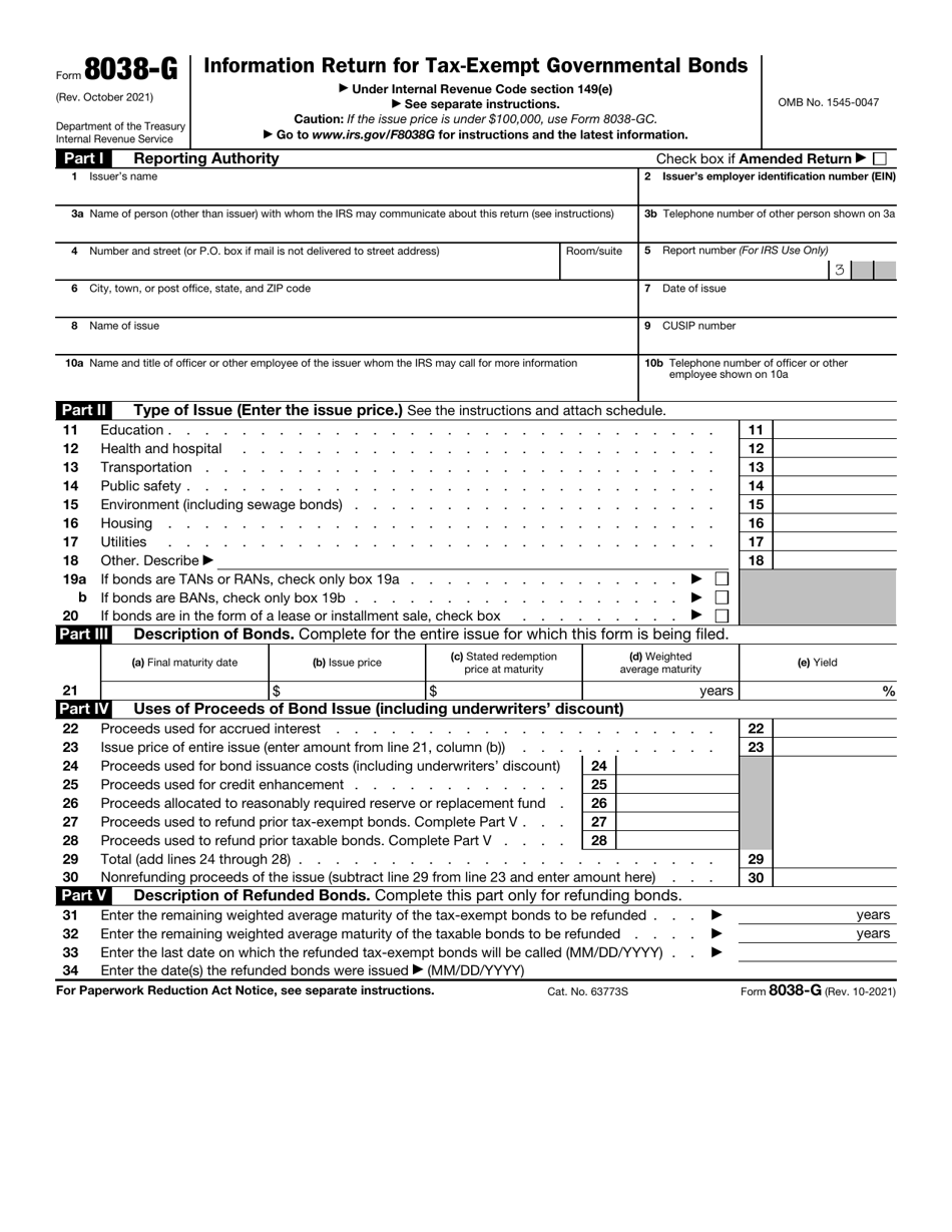 IRS Form 8038-G Information Return for Tax-Exempt Governmental Bonds, Page 1