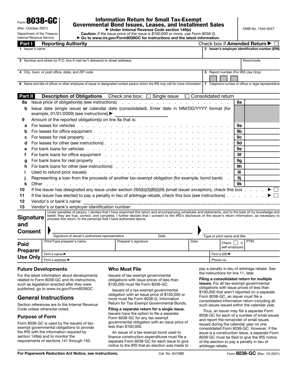 IRS Form 8038-GC Information Return for Small Tax-Exempt Governmental Bond Issues, Leases, and Installment Sales, Page 1