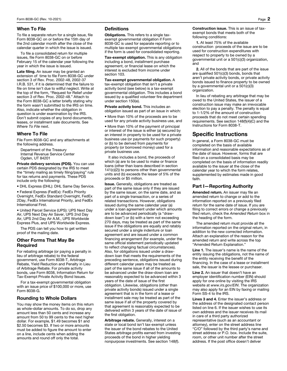 IRS Form 8038-GC Information Return for Small Tax-Exempt Governmental Bond Issues, Leases, and Installment Sales, Page 2