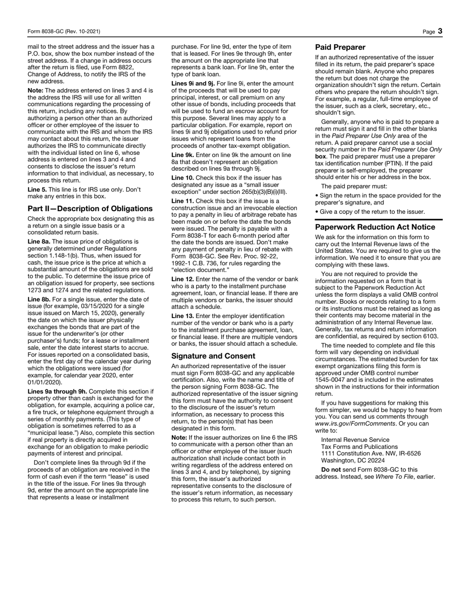IRS Form 8038-GC Information Return for Small Tax-Exempt Governmental Bond Issues, Leases, and Installment Sales, Page 3
