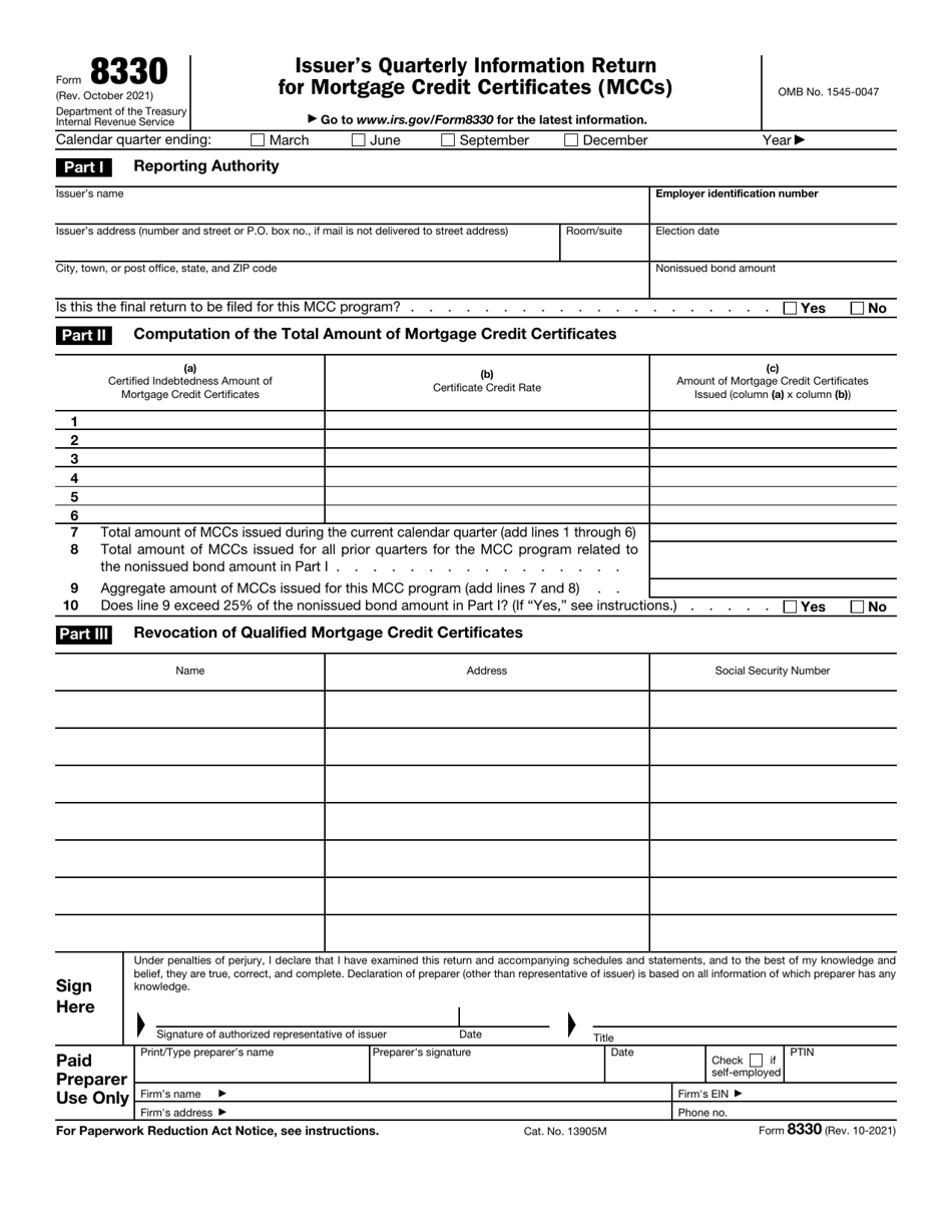 IRS Form 8330 Issuer's Quarterly Information Return for Mortgage Credit Certificates (Mccs), Page 1