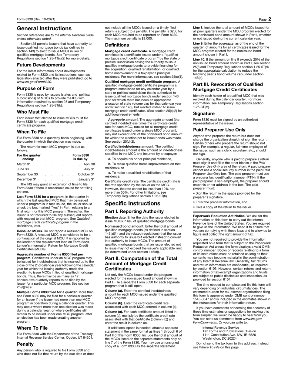 IRS Form 8330 Issuers Quarterly Information Return for Mortgage Credit Certificates (Mccs), Page 2