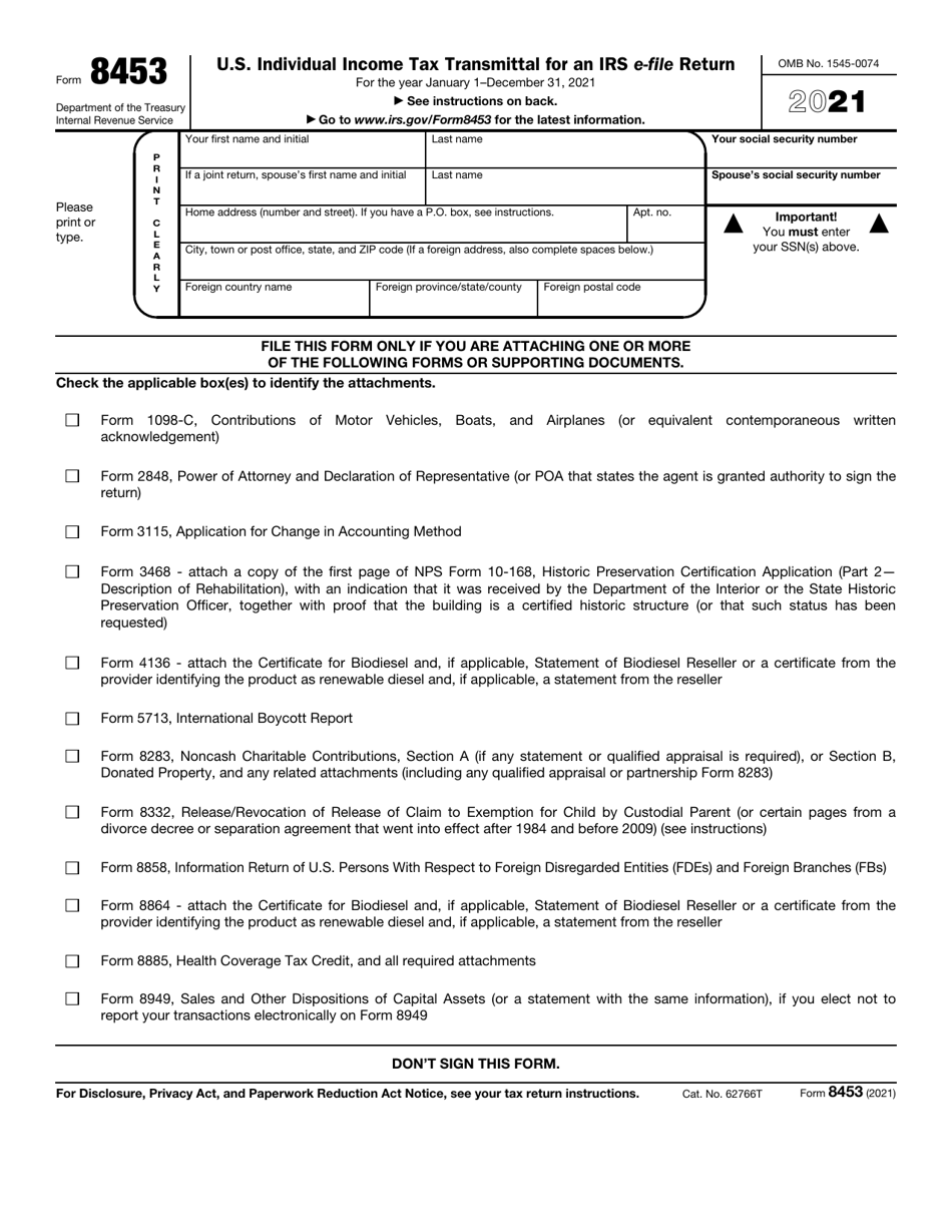 Irs Form 8453 Download Fillable Pdf Or Fill Online Us Individual Income Tax Transmittal For An 4262