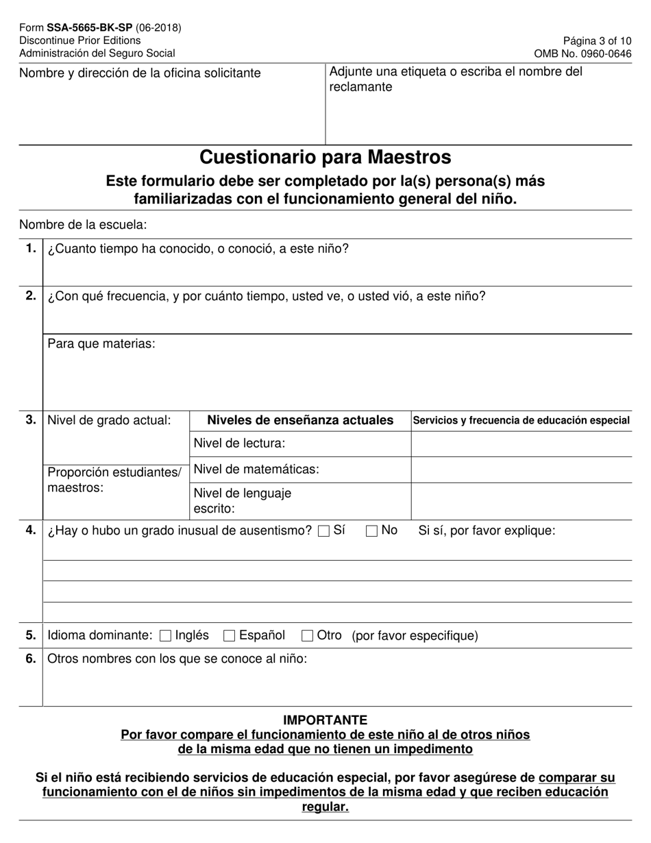 Formulario SSA-5665-BK-SP Cuestionario Para Maestros (Spanish), Page 3