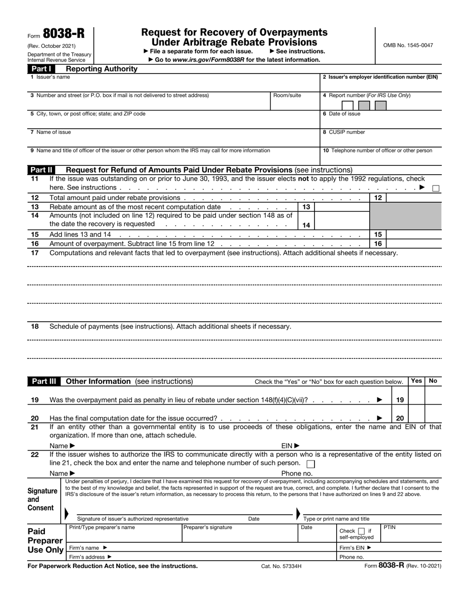 IRS Form 8038-R Request for Recovery of Overpayments Under Arbitrage Rebate Provisions, Page 1