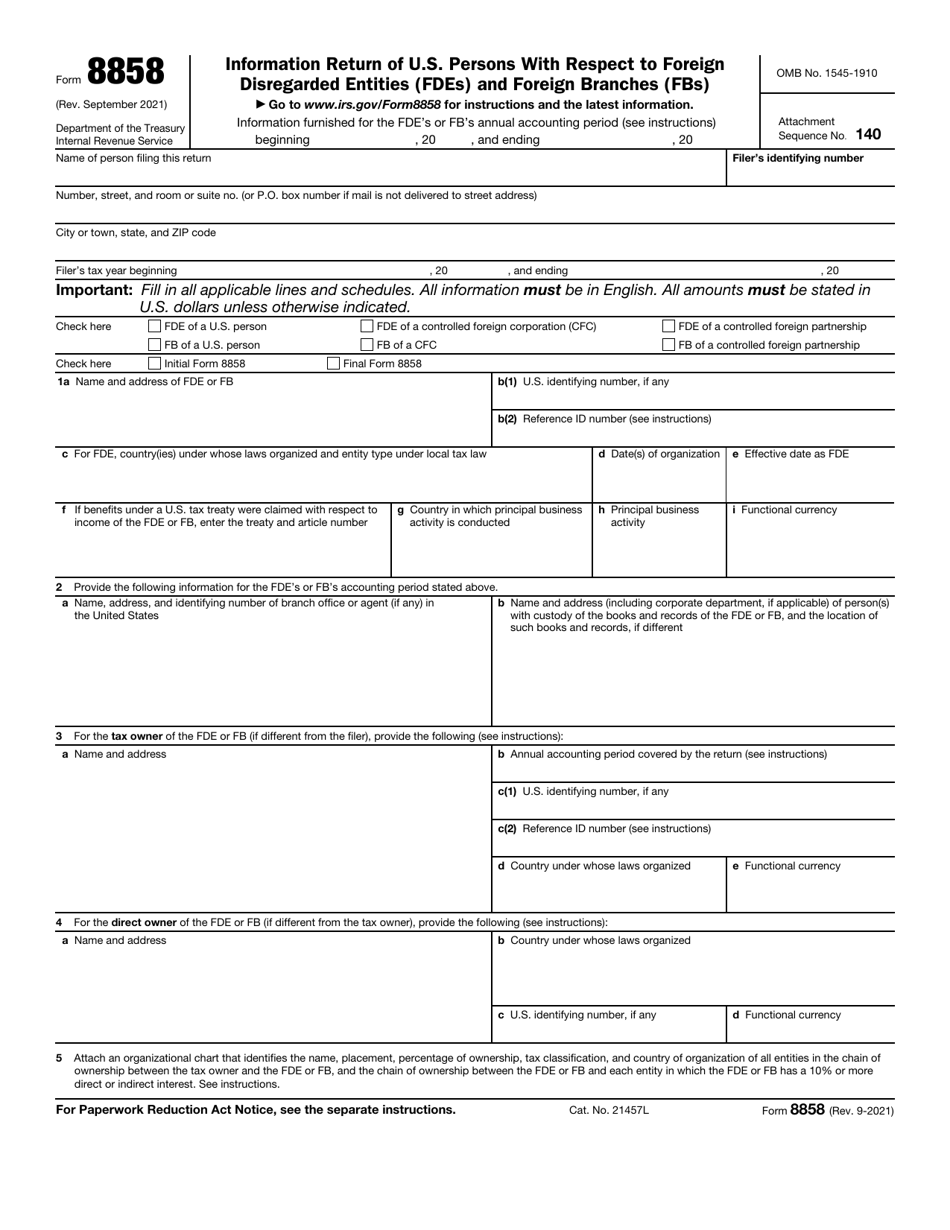 IRS Form 8858 Information Return of U.S. Persons With Respect to Foreign Disregarded Entities (Fdes) and Foreign Branches (Fbs), Page 1