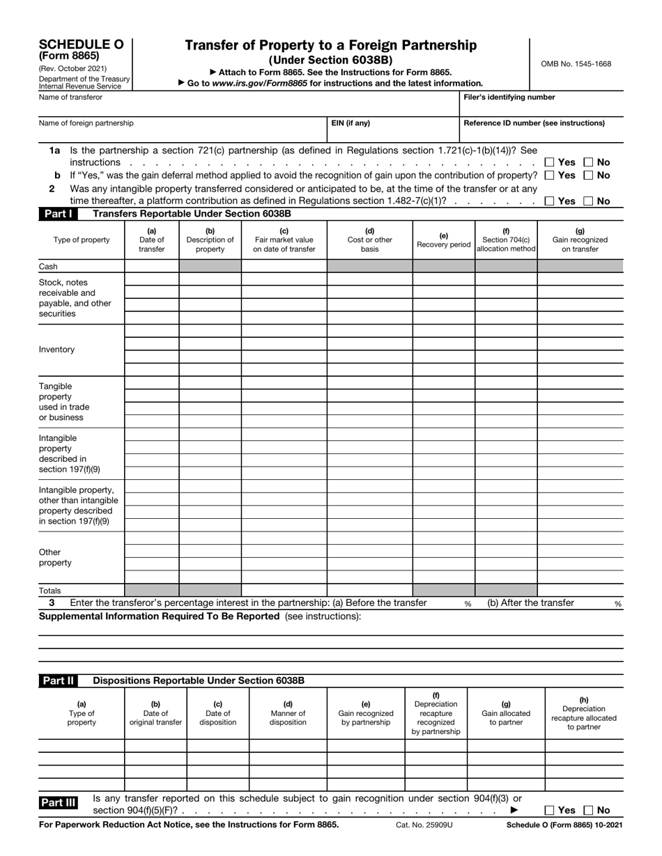 IRS Form 8865 Schedule O Transfer of Property to a Foreign Partnership (Under Section 6038b), Page 1