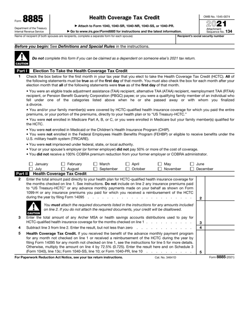 IRS Form 8885 Health Coverage Tax Credit, 2021
