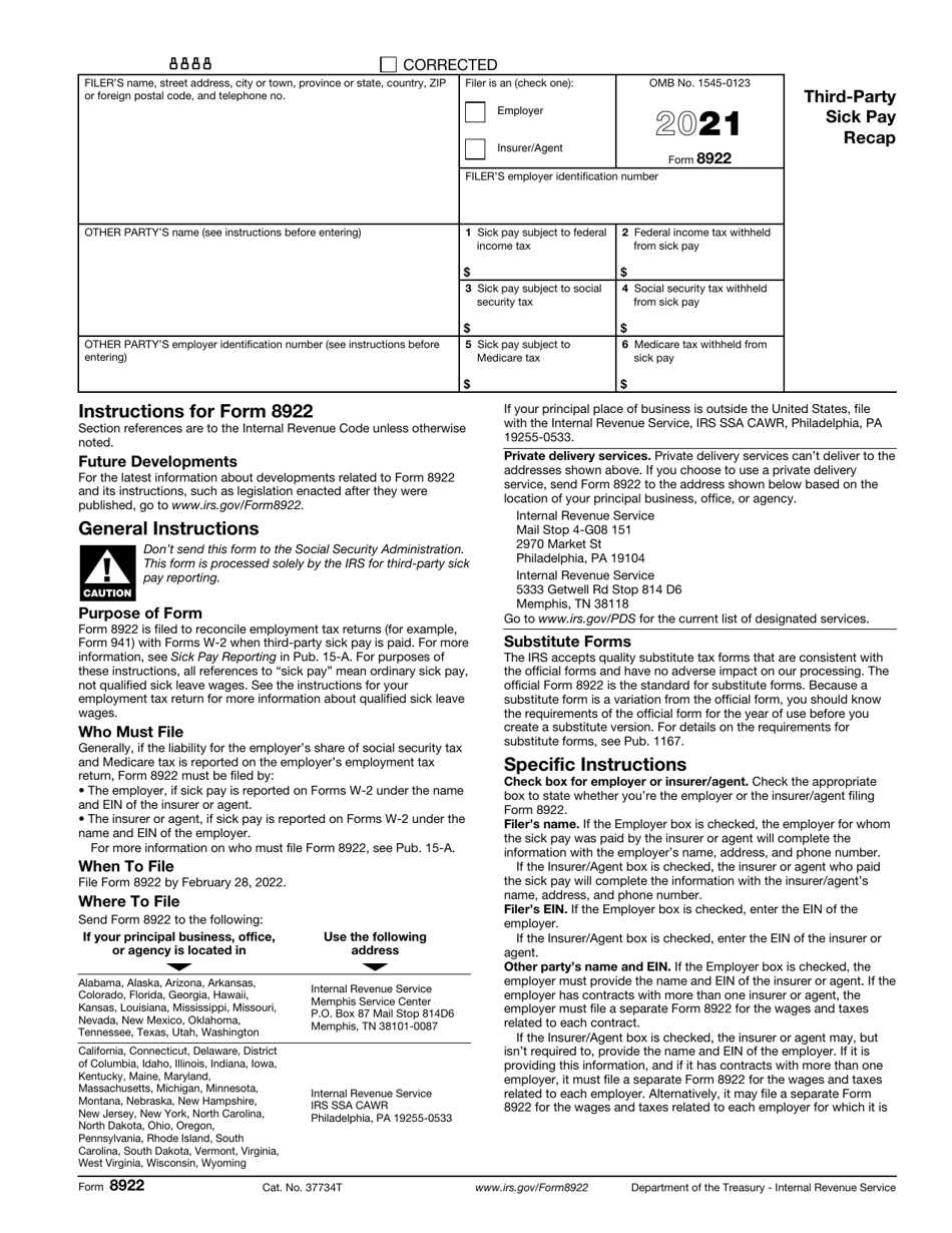 IRS Form 8922 Third-Party Sick Pay Recap, Page 1